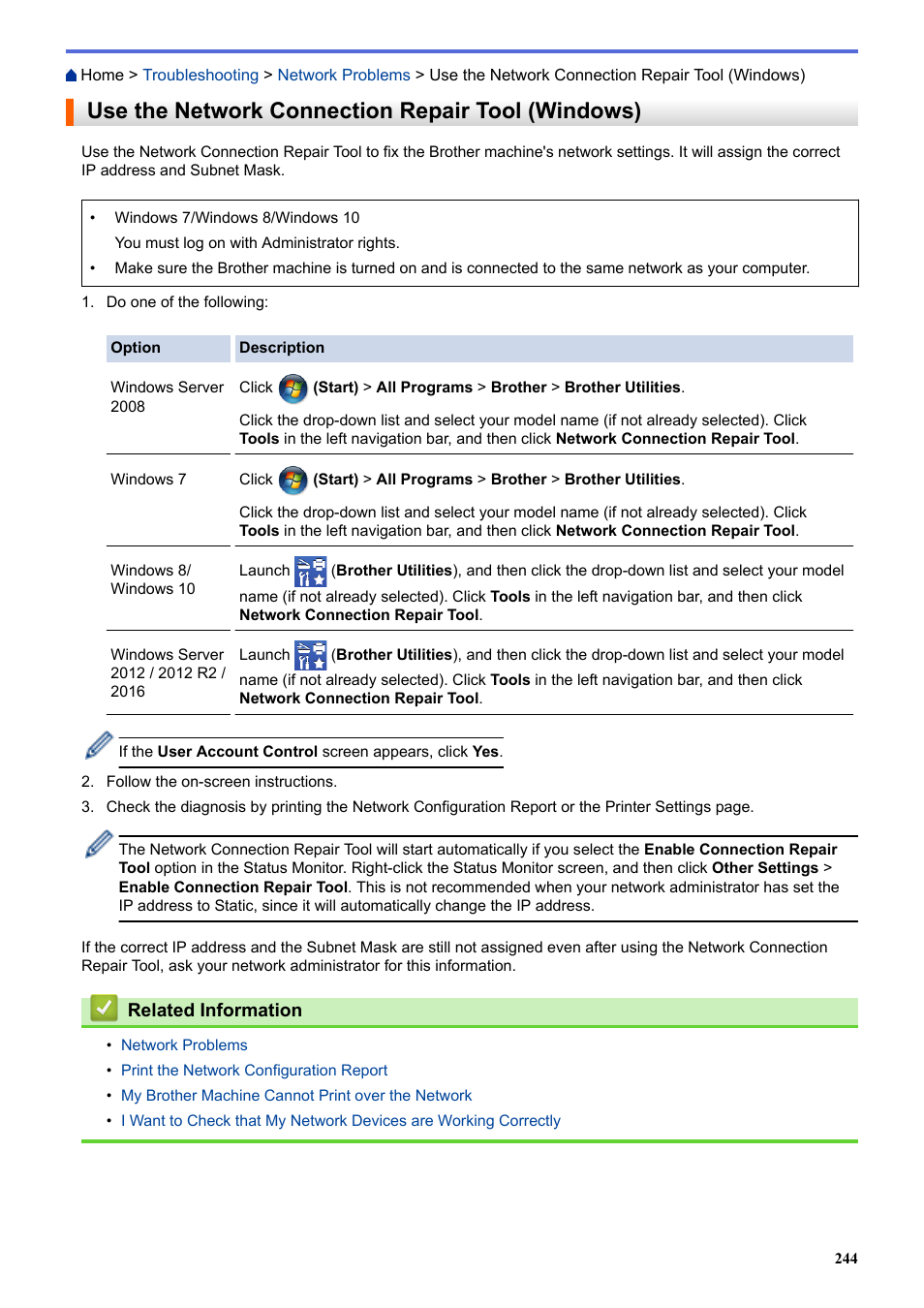 Use the network connection repair tool (windows) | Brother HL-L3230CDW Wireless Compact Printer User Manual | Page 249 / 357