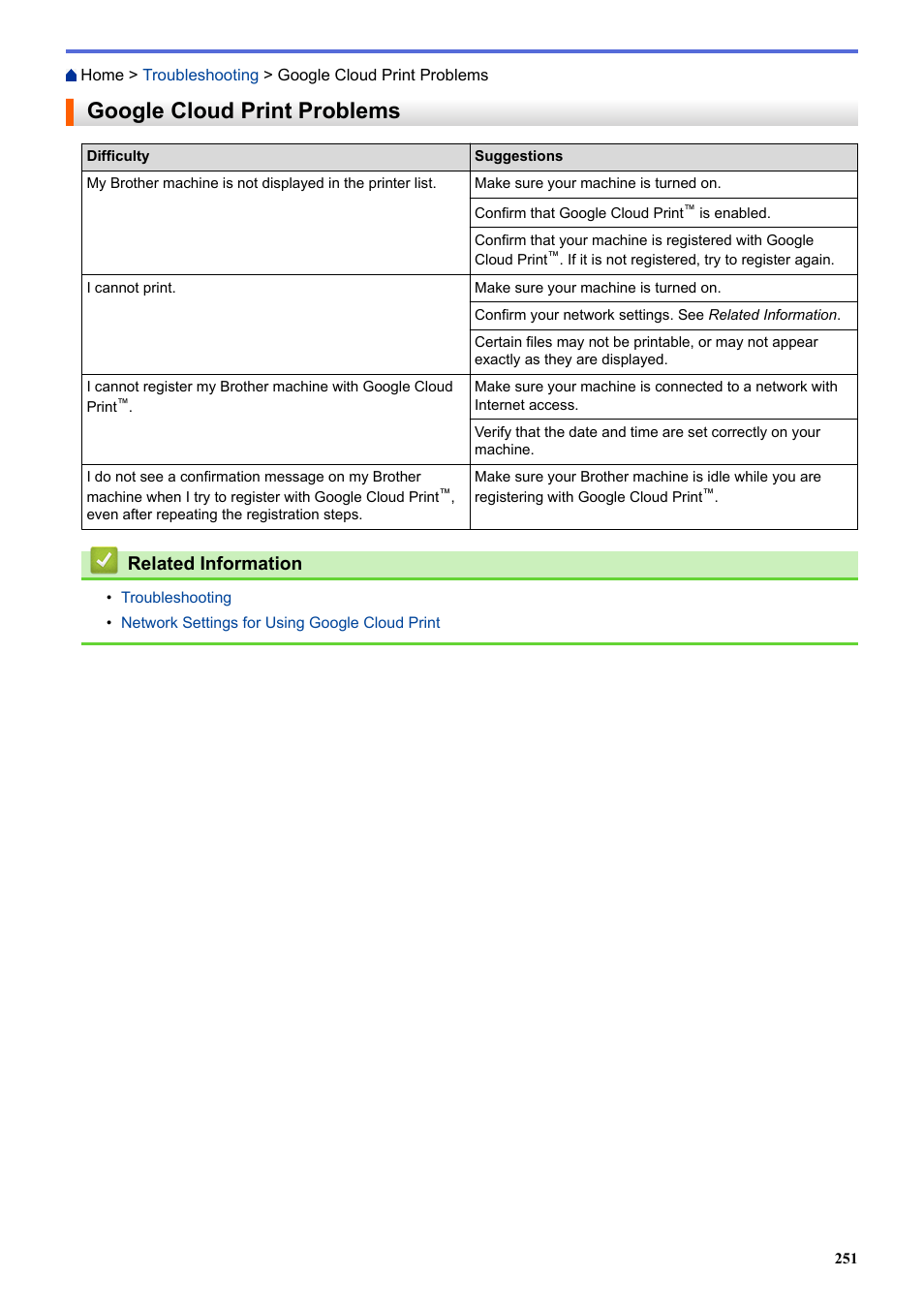 Google cloud print problems, Related information | Brother HL-L3230CDW Wireless Compact Printer User Manual | Page 256 / 357