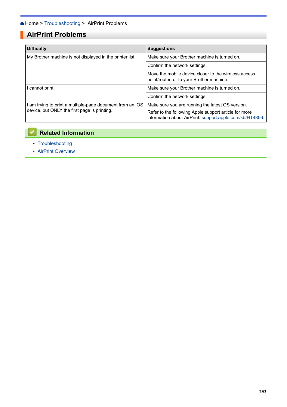 Airprint problems | Brother HL-L3230CDW Wireless Compact Printer User Manual | Page 257 / 357