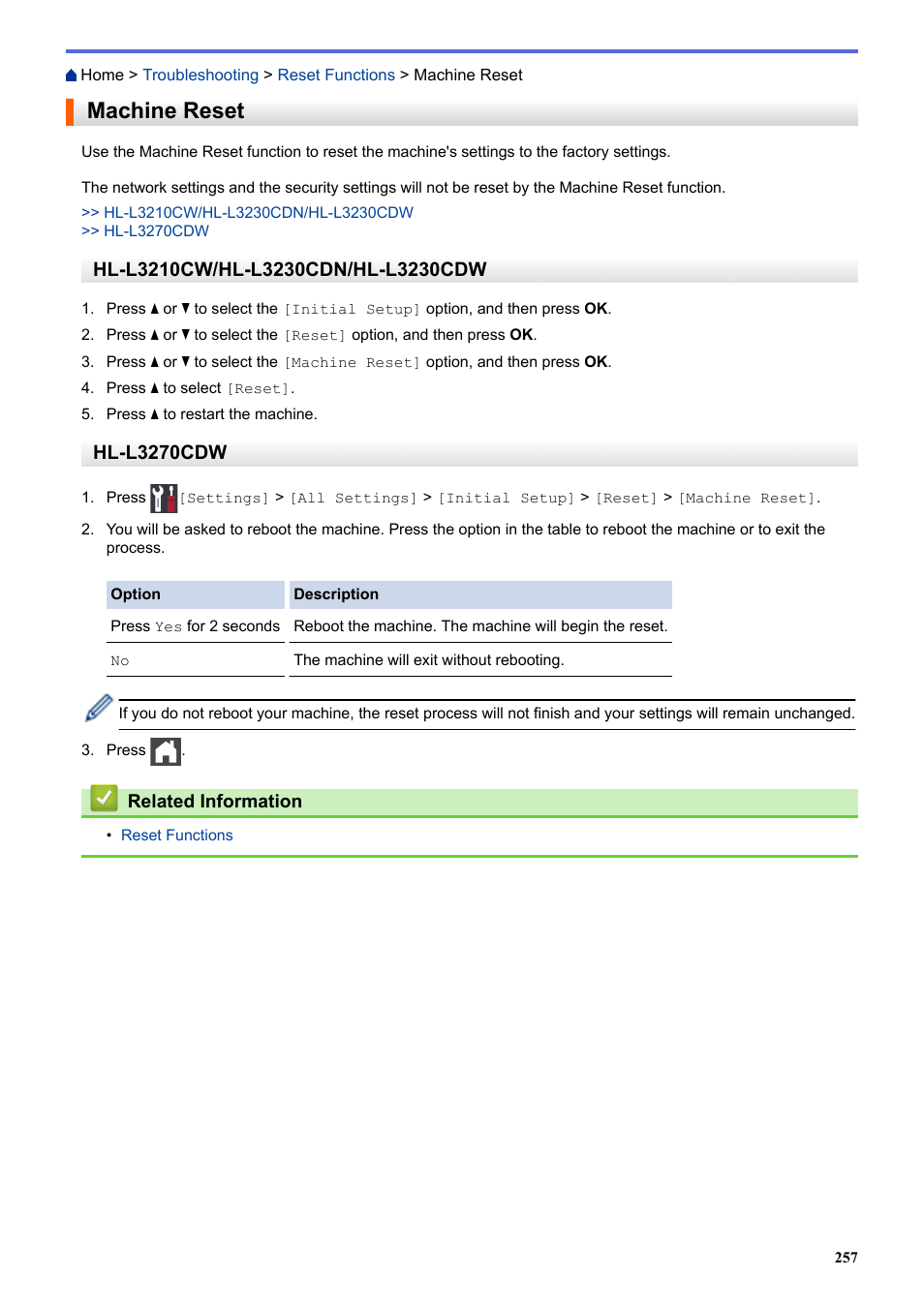 Machine reset, Hl-l3270cdw | Brother HL-L3230CDW Wireless Compact Printer User Manual | Page 262 / 357