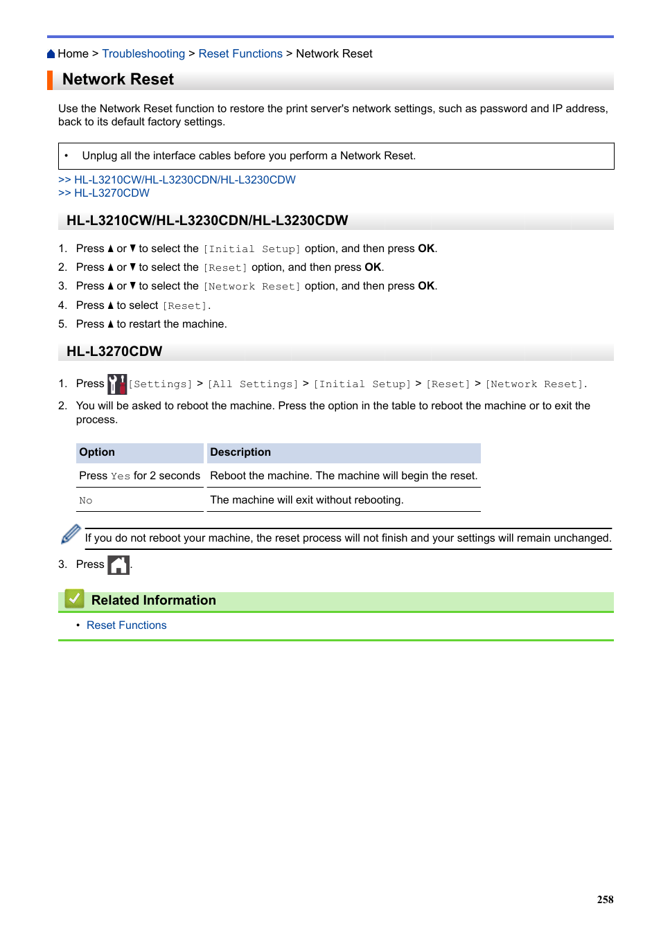 Network reset, Hl-l3270cdw | Brother HL-L3230CDW Wireless Compact Printer User Manual | Page 263 / 357