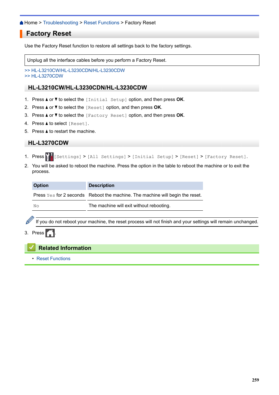 Factory reset, Hl-l3270cdw | Brother HL-L3230CDW Wireless Compact Printer User Manual | Page 264 / 357