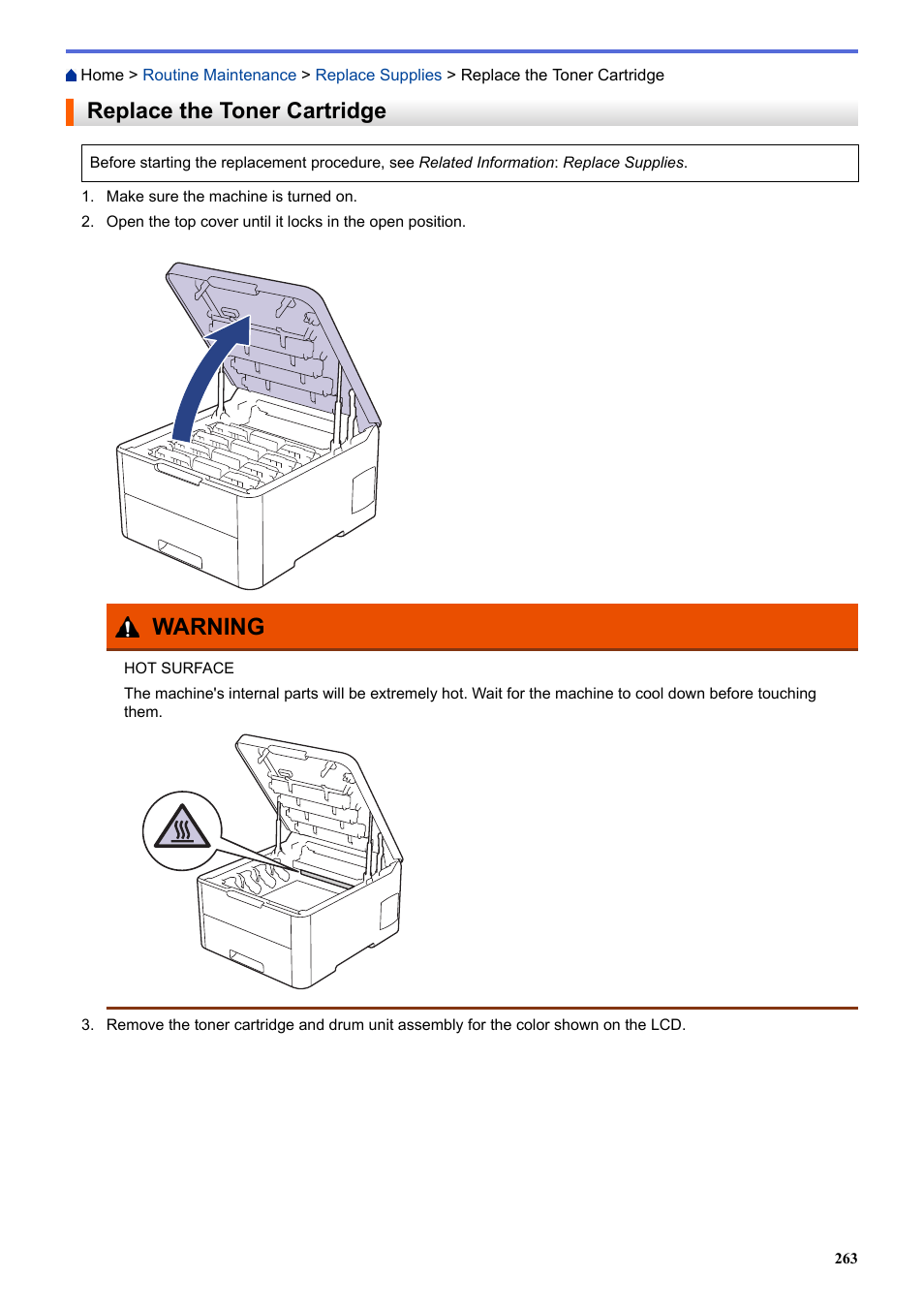 Replace the toner cartridge, Warning | Brother HL-L3230CDW Wireless Compact Printer User Manual | Page 268 / 357