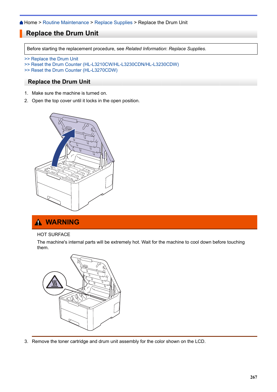 Replace the drum unit, Warning | Brother HL-L3230CDW Wireless Compact Printer User Manual | Page 272 / 357