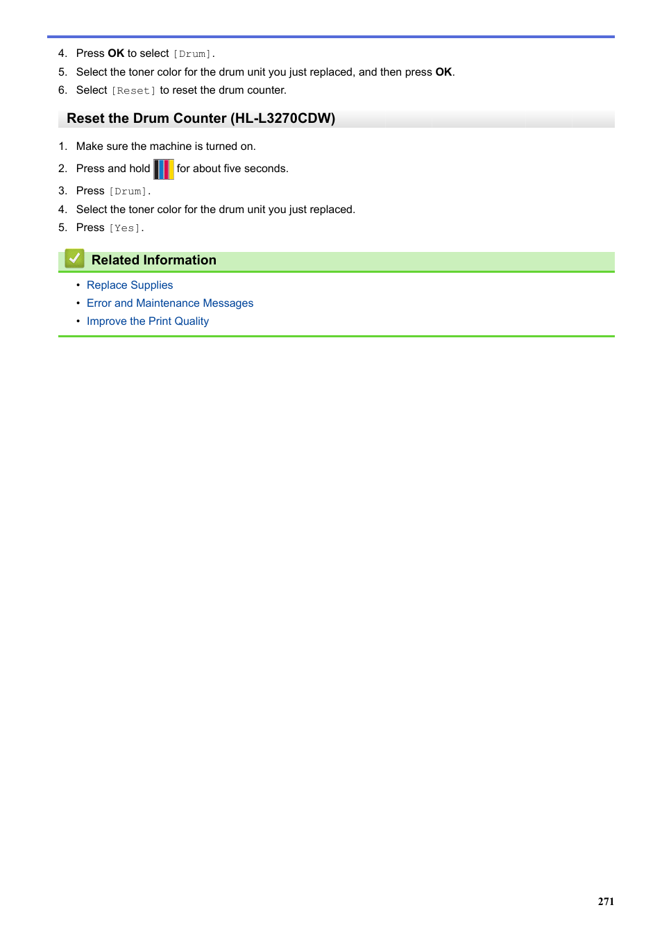 Reset the drum counter (hl-l3270cdw) | Brother HL-L3230CDW Wireless Compact Printer User Manual | Page 276 / 357