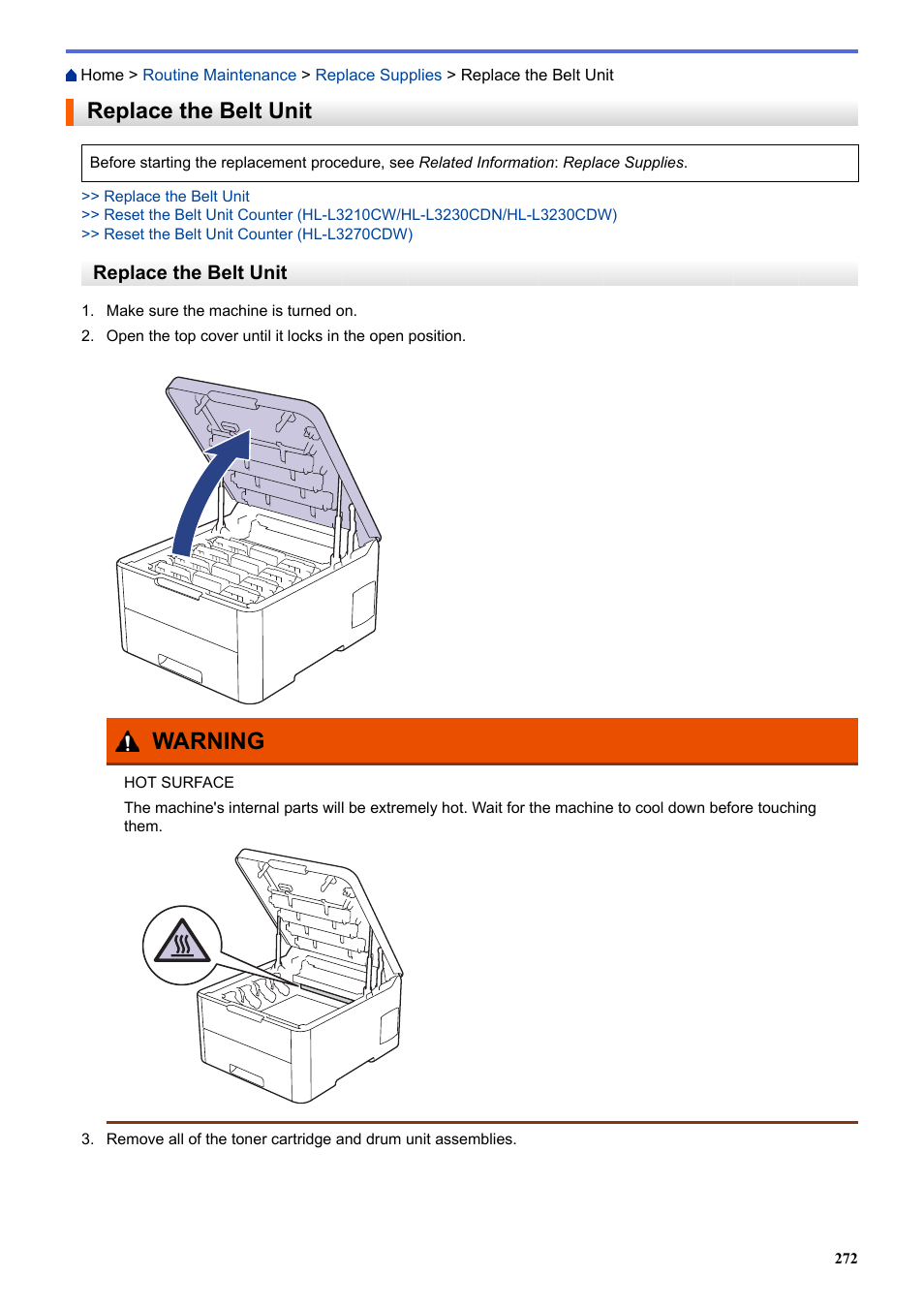 Replace the belt unit, Warning | Brother HL-L3230CDW Wireless Compact Printer User Manual | Page 277 / 357