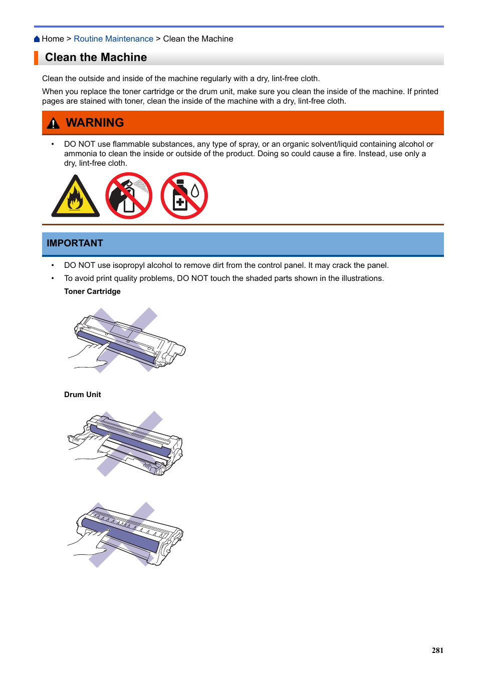 Clean the machine, Warning | Brother HL-L3230CDW Wireless Compact Printer User Manual | Page 286 / 357