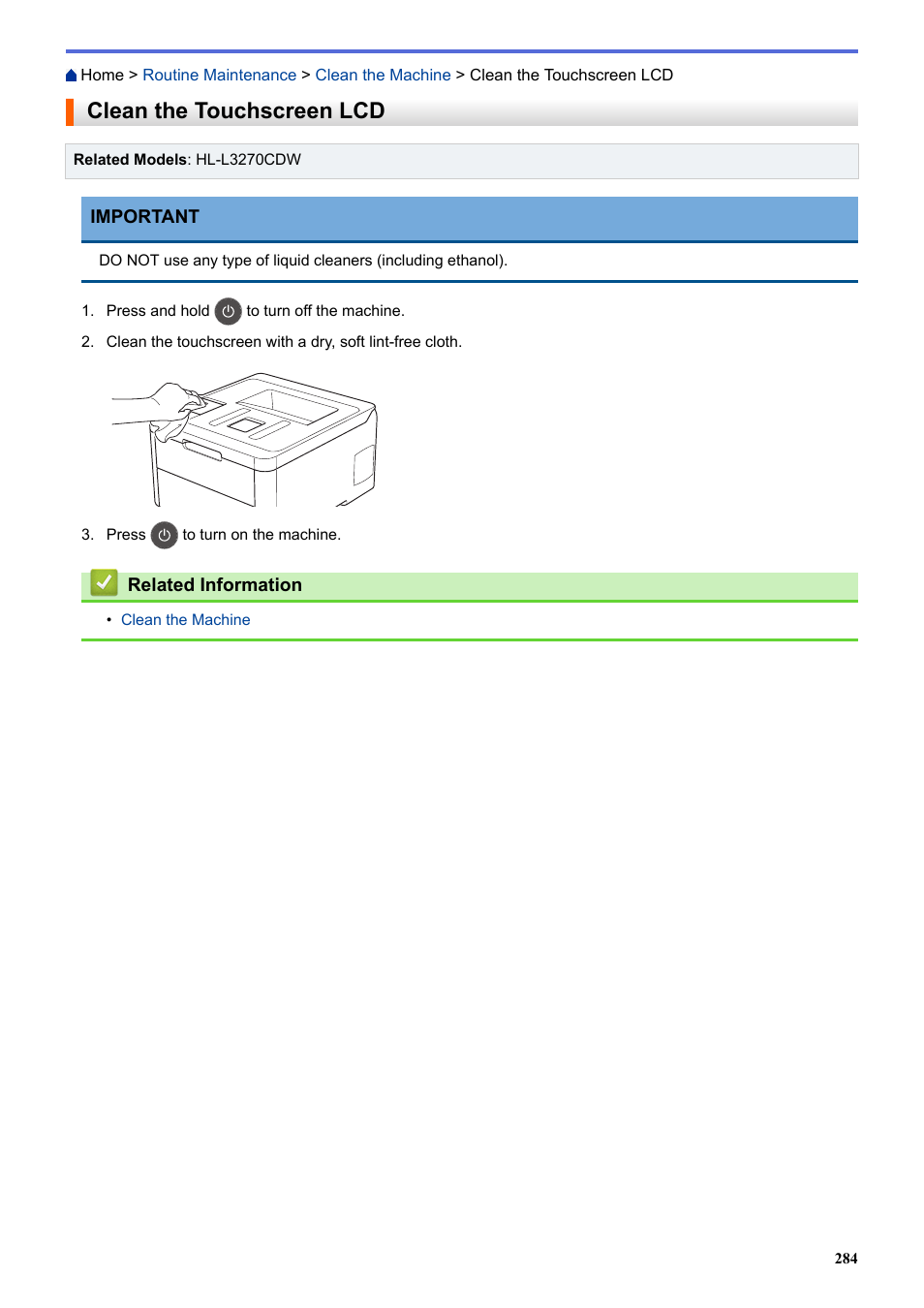 Clean the touchscreen lcd | Brother HL-L3230CDW Wireless Compact Printer User Manual | Page 289 / 357