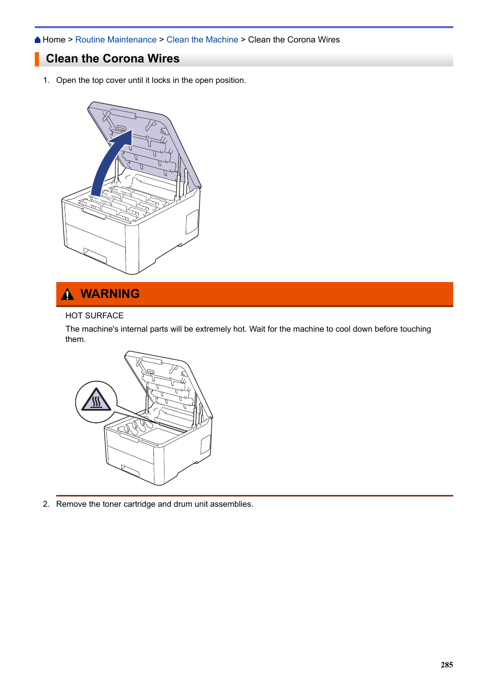 Clean the corona wires, Warning | Brother HL-L3230CDW Wireless Compact Printer User Manual | Page 290 / 357