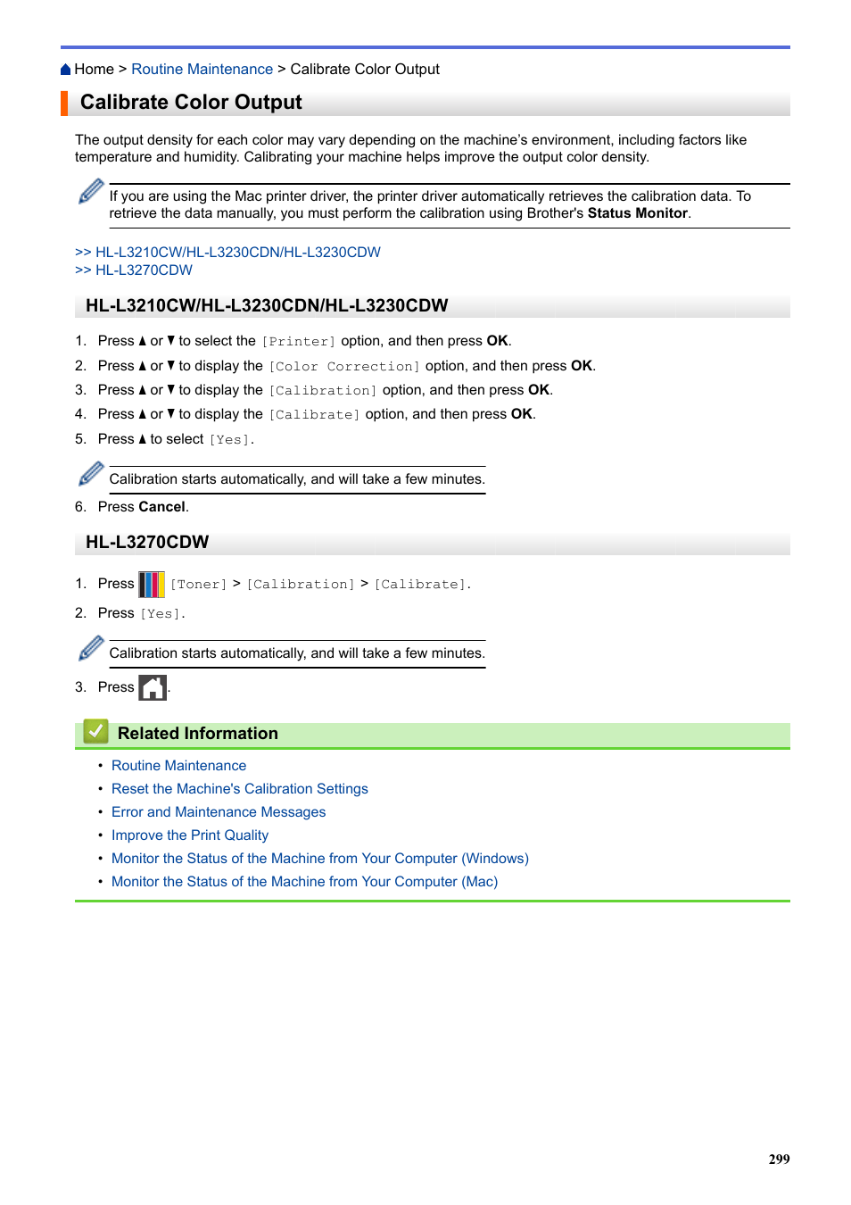 Calibrate color output, Hl-l3270cdw | Brother HL-L3230CDW Wireless Compact Printer User Manual | Page 304 / 357