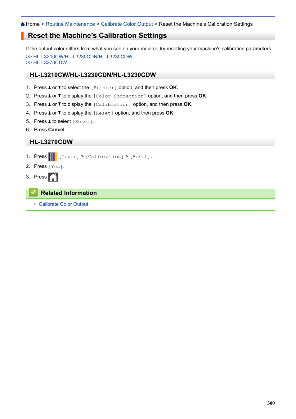 Reset the machine's calibration settings, Hl-l3270cdw | Brother HL-L3230CDW Wireless Compact Printer User Manual | Page 305 / 357