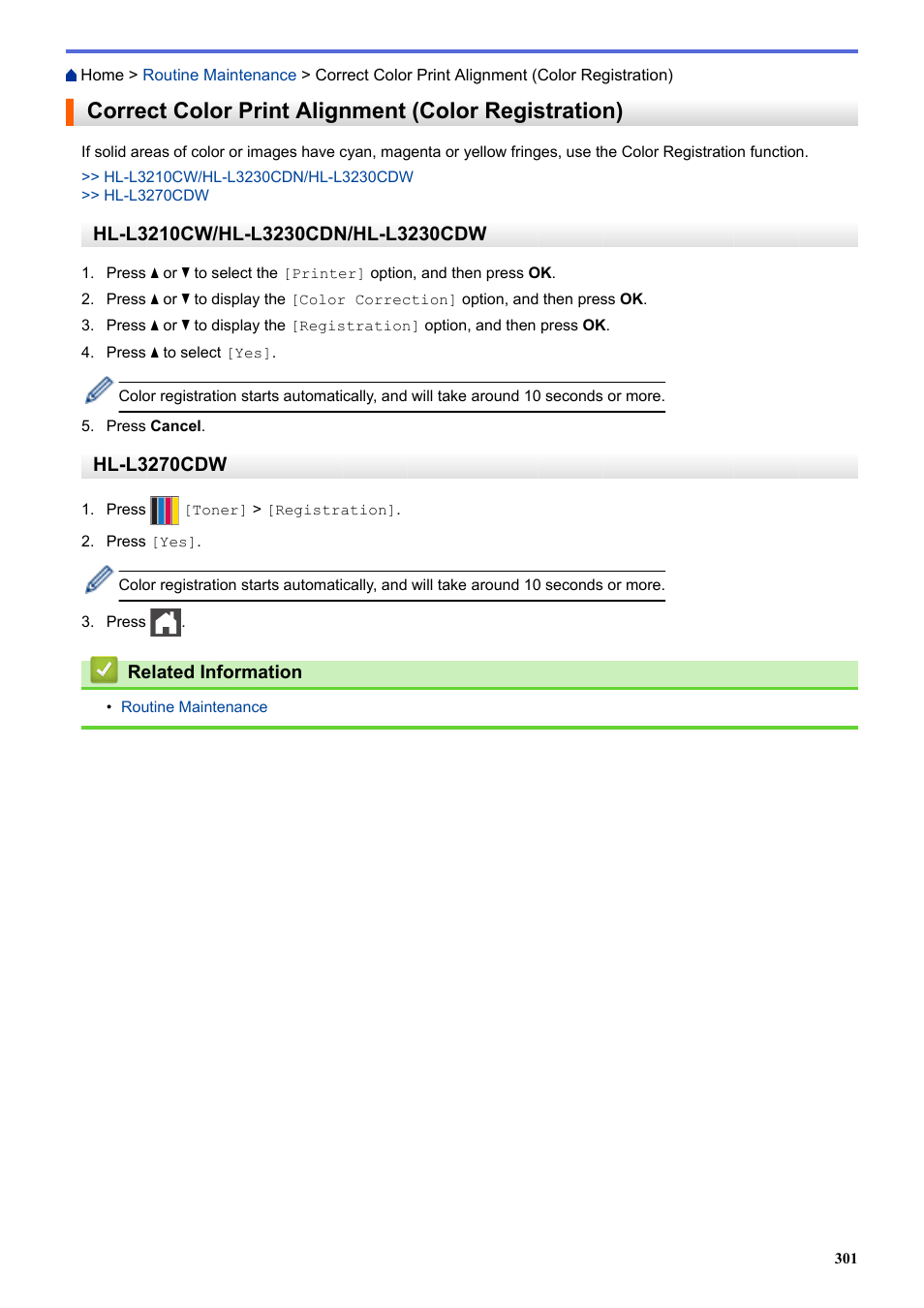 Correct color print alignment (color registration), Hl-l3270cdw | Brother HL-L3230CDW Wireless Compact Printer User Manual | Page 306 / 357