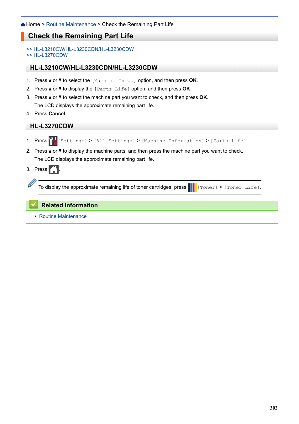 Check the remaining part life, Hl-l3270cdw | Brother HL-L3230CDW Wireless Compact Printer User Manual | Page 307 / 357