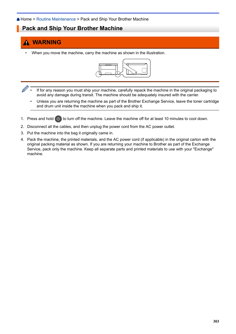 Pack and ship your brother machine, Warning | Brother HL-L3230CDW Wireless Compact Printer User Manual | Page 308 / 357