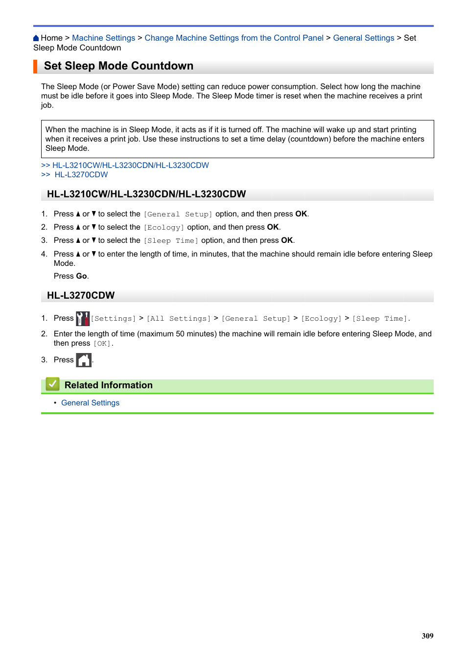 Set sleep mode countdown, Hl-l3270cdw | Brother HL-L3230CDW Wireless Compact Printer User Manual | Page 314 / 357