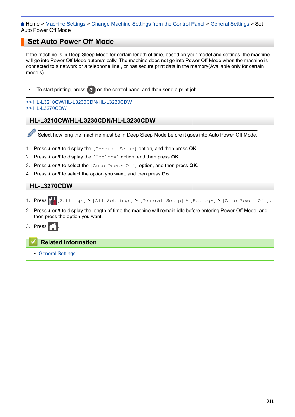 Set auto power off mode, Hl-l3270cdw | Brother HL-L3230CDW Wireless Compact Printer User Manual | Page 316 / 357