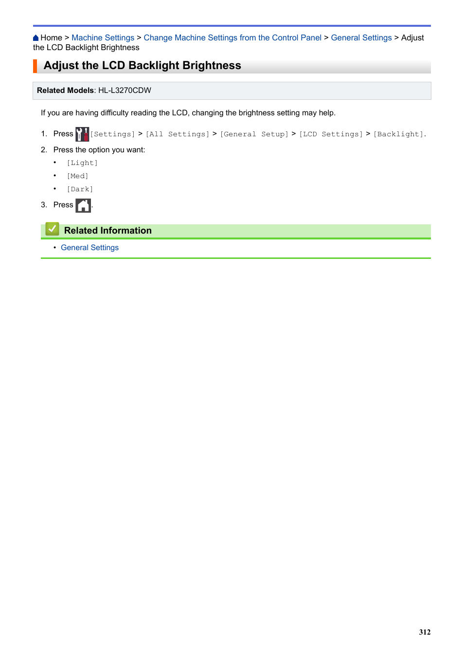Adjust the lcd backlight brightness | Brother HL-L3230CDW Wireless Compact Printer User Manual | Page 317 / 357