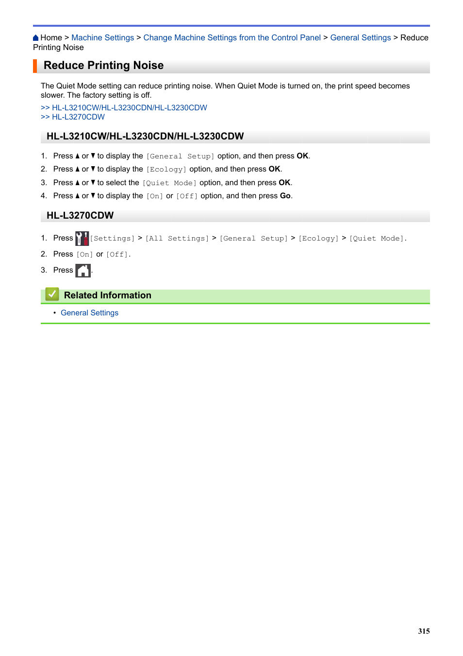 Reduce printing noise, Hl-l3270cdw | Brother HL-L3230CDW Wireless Compact Printer User Manual | Page 320 / 357