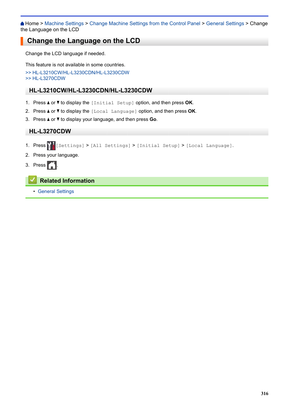 Change the language on the lcd, Hl-l3270cdw | Brother HL-L3230CDW Wireless Compact Printer User Manual | Page 321 / 357