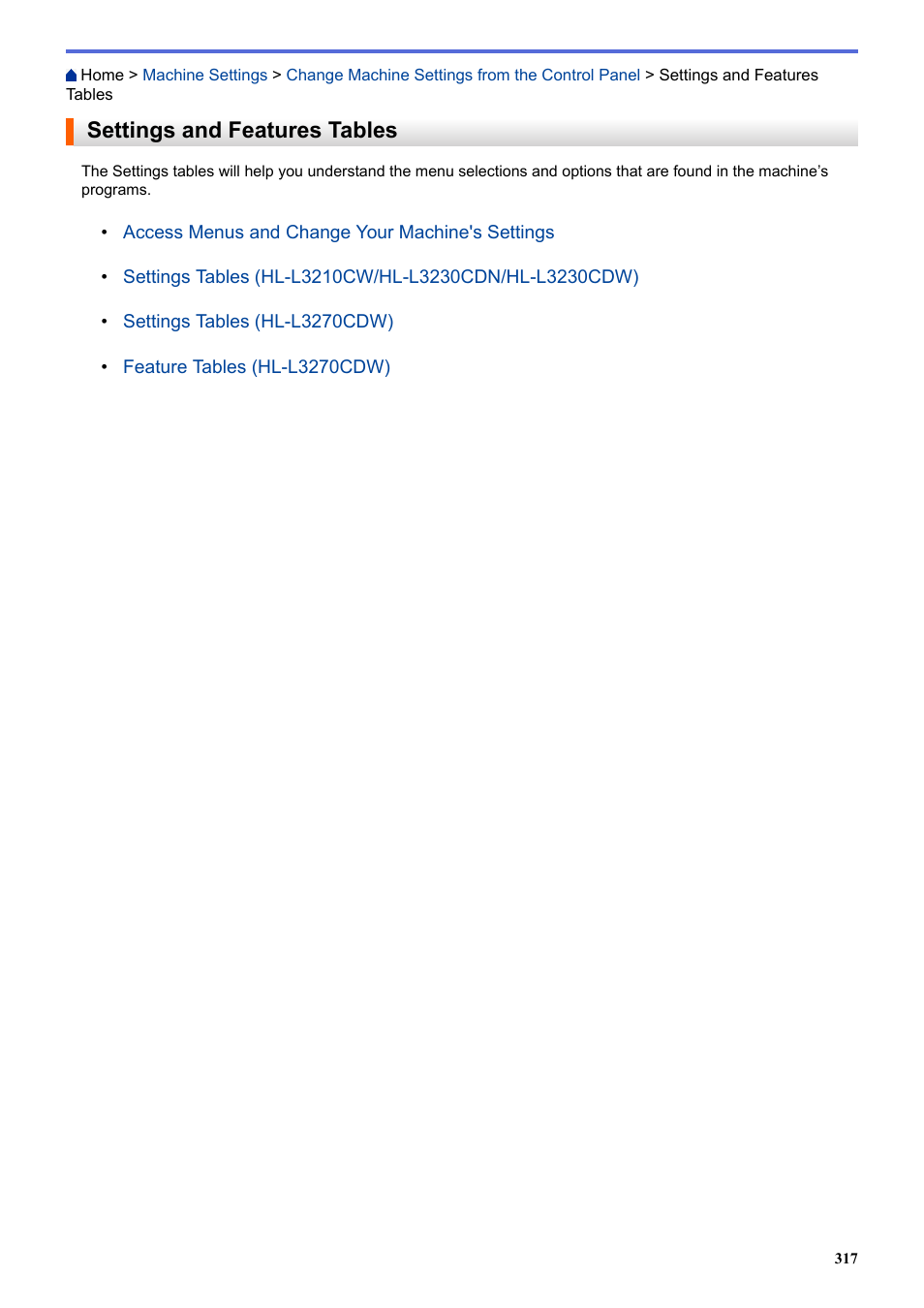 Settings and features tables | Brother HL-L3230CDW Wireless Compact Printer User Manual | Page 322 / 357