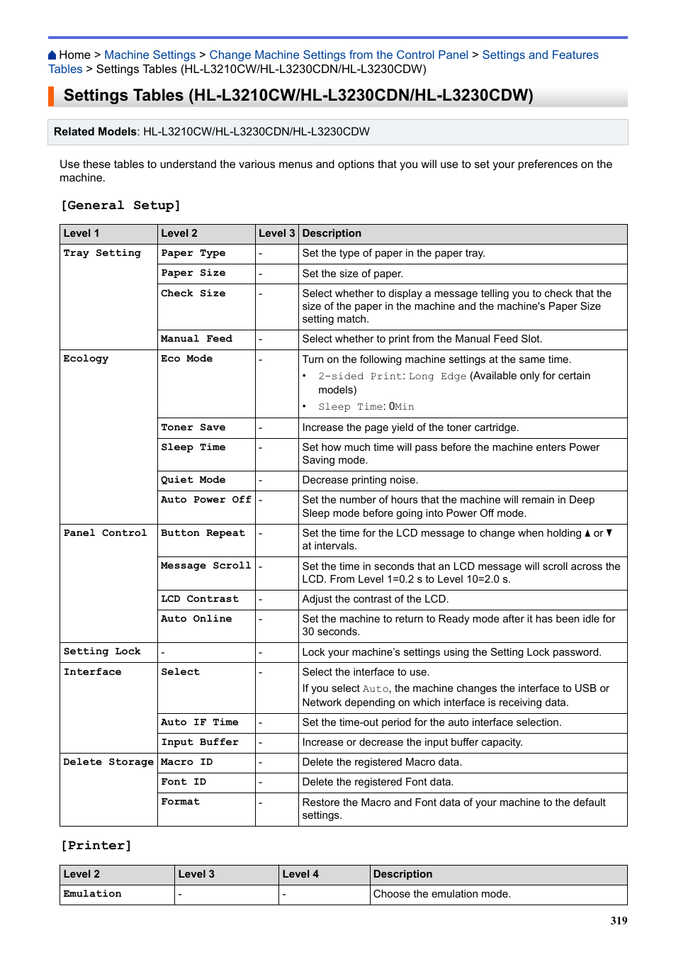 General setup, Printer | Brother HL-L3230CDW Wireless Compact Printer User Manual | Page 324 / 357