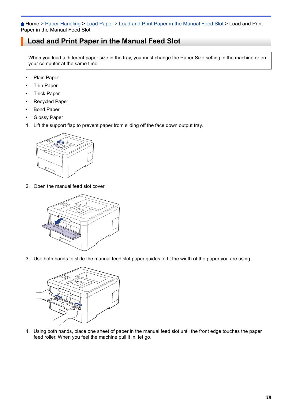 Load and print paper in the manual feed slot | Brother HL-L3230CDW Wireless Compact Printer User Manual | Page 33 / 357