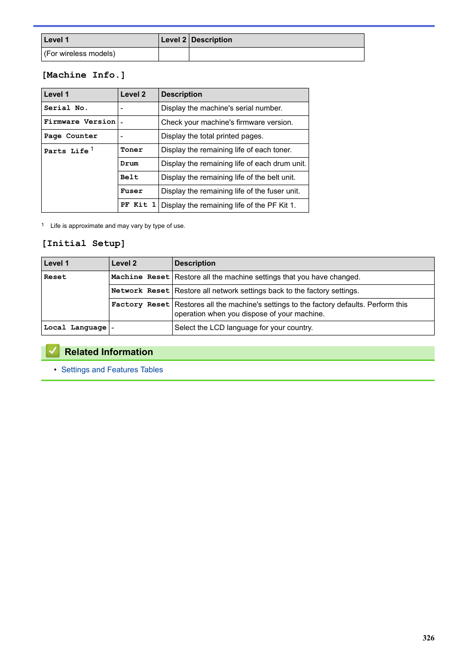 Machine info, Initial setup, Related information | Brother HL-L3230CDW Wireless Compact Printer User Manual | Page 331 / 357