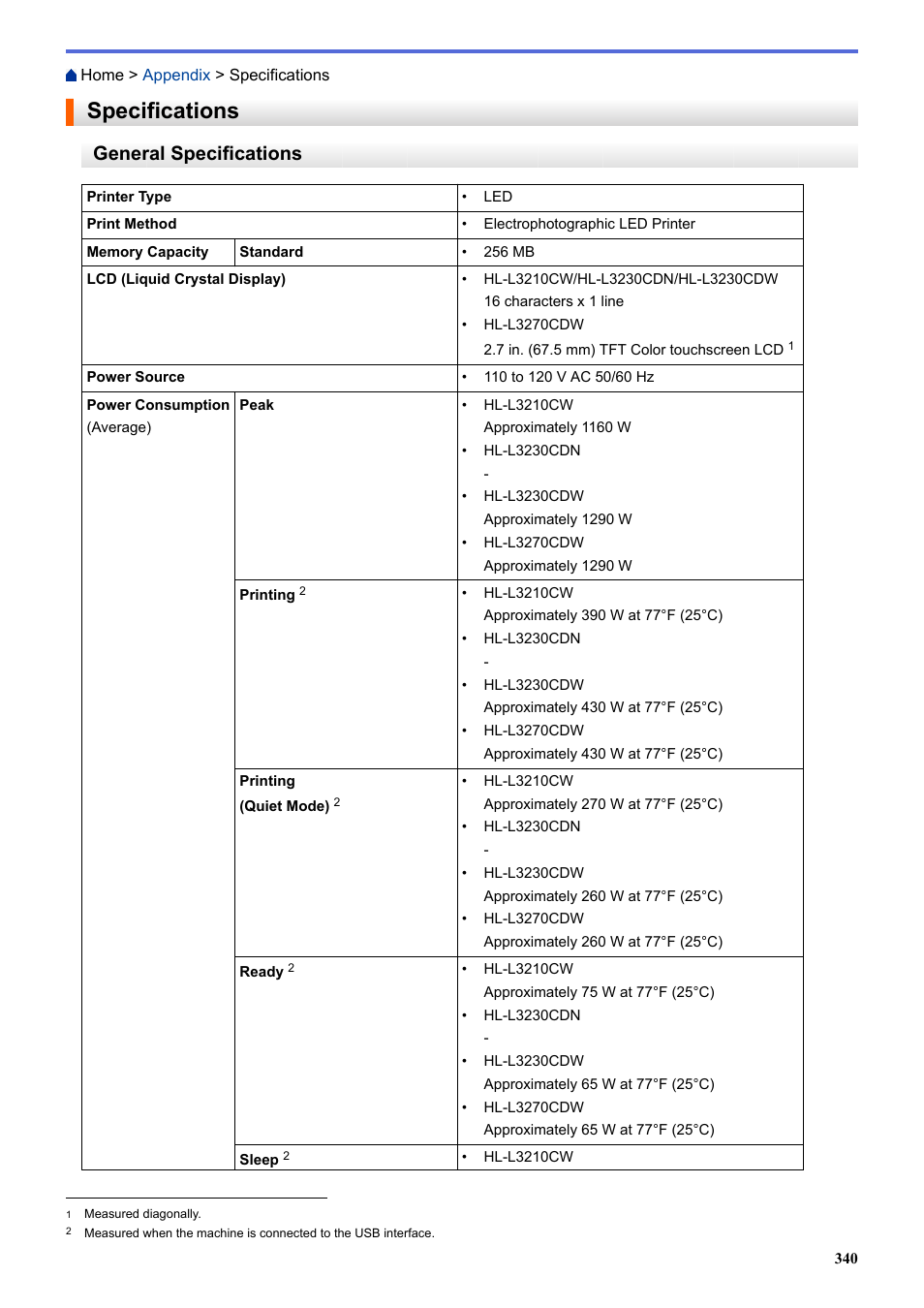 Specifications, General specifications | Brother HL-L3230CDW Wireless Compact Printer User Manual | Page 345 / 357