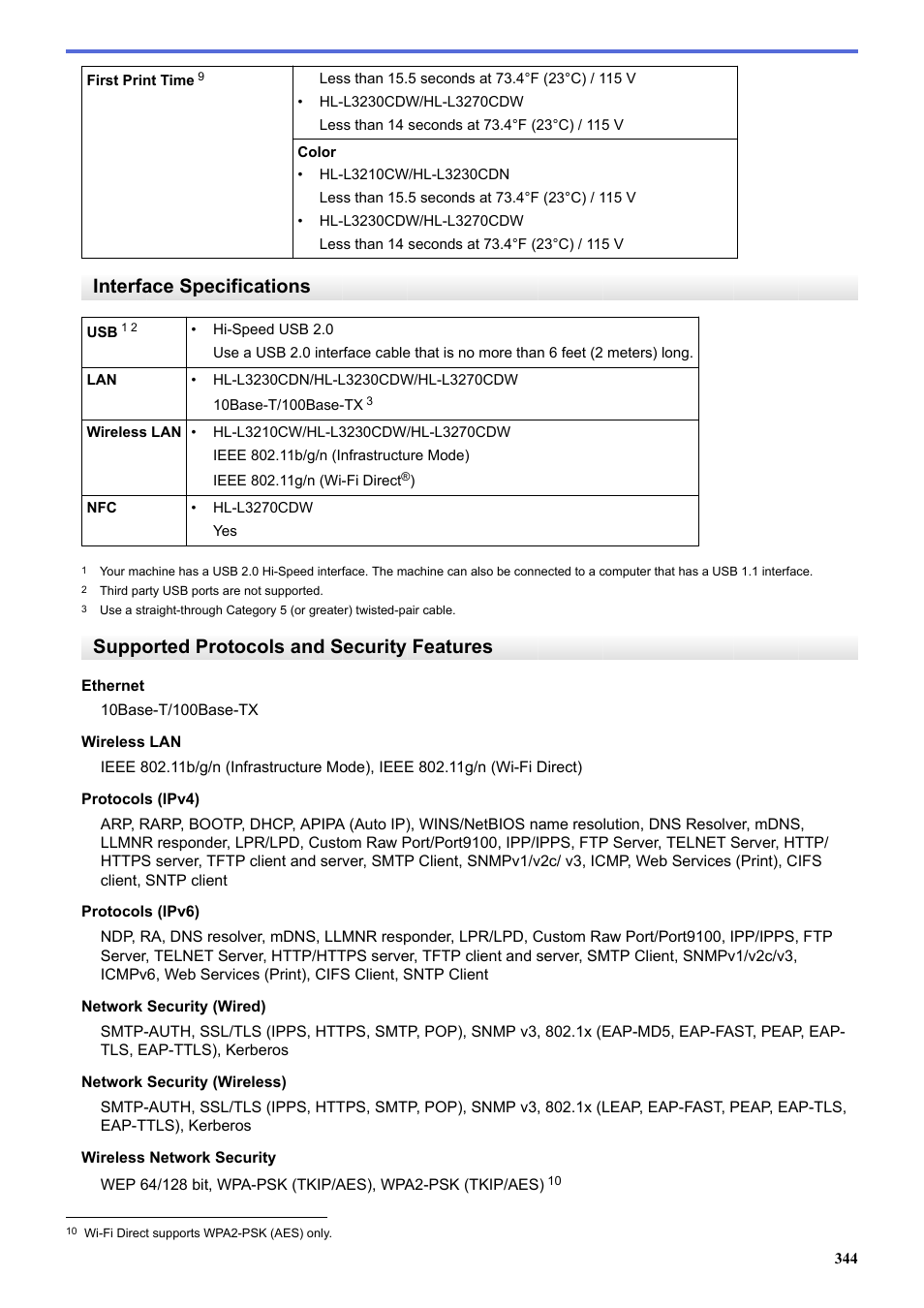 Interface specifications, Supported protocols and security features | Brother HL-L3230CDW Wireless Compact Printer User Manual | Page 349 / 357