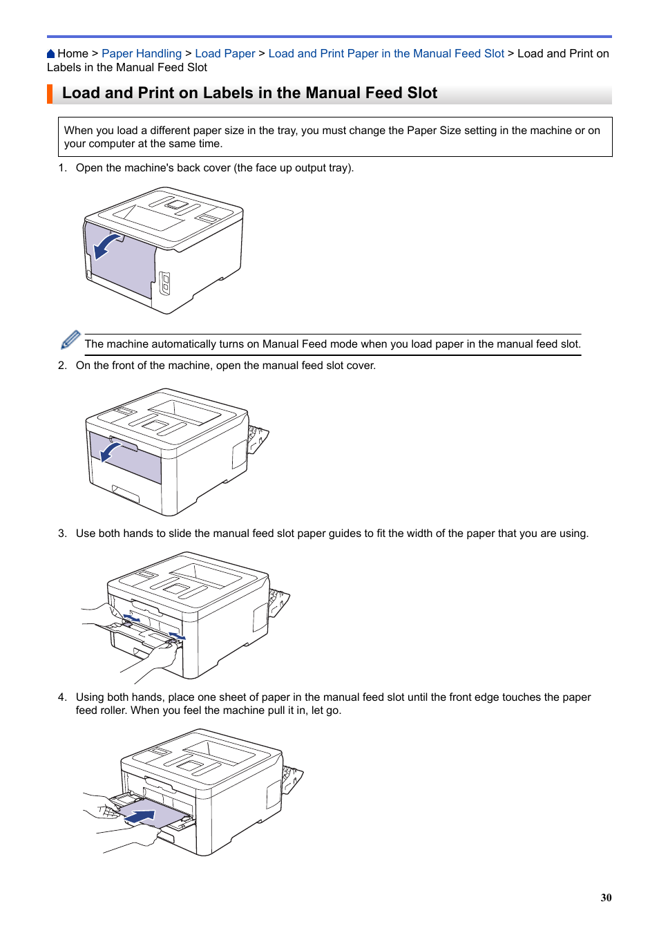 Load and print on labels in the manual feed slot | Brother HL-L3230CDW Wireless Compact Printer User Manual | Page 35 / 357