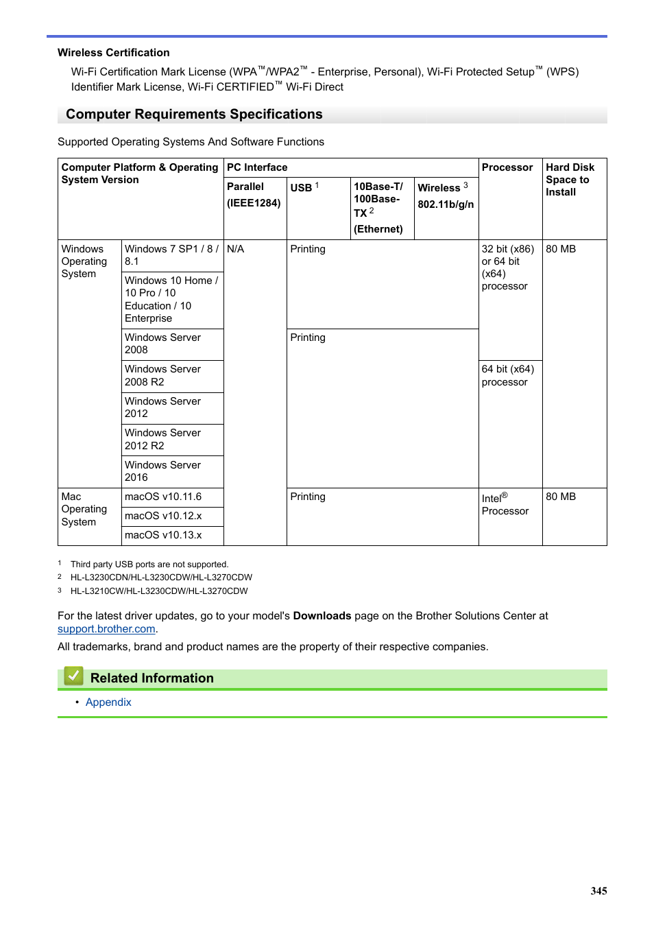 Computer requirements specifications, Related information | Brother HL-L3230CDW Wireless Compact Printer User Manual | Page 350 / 357