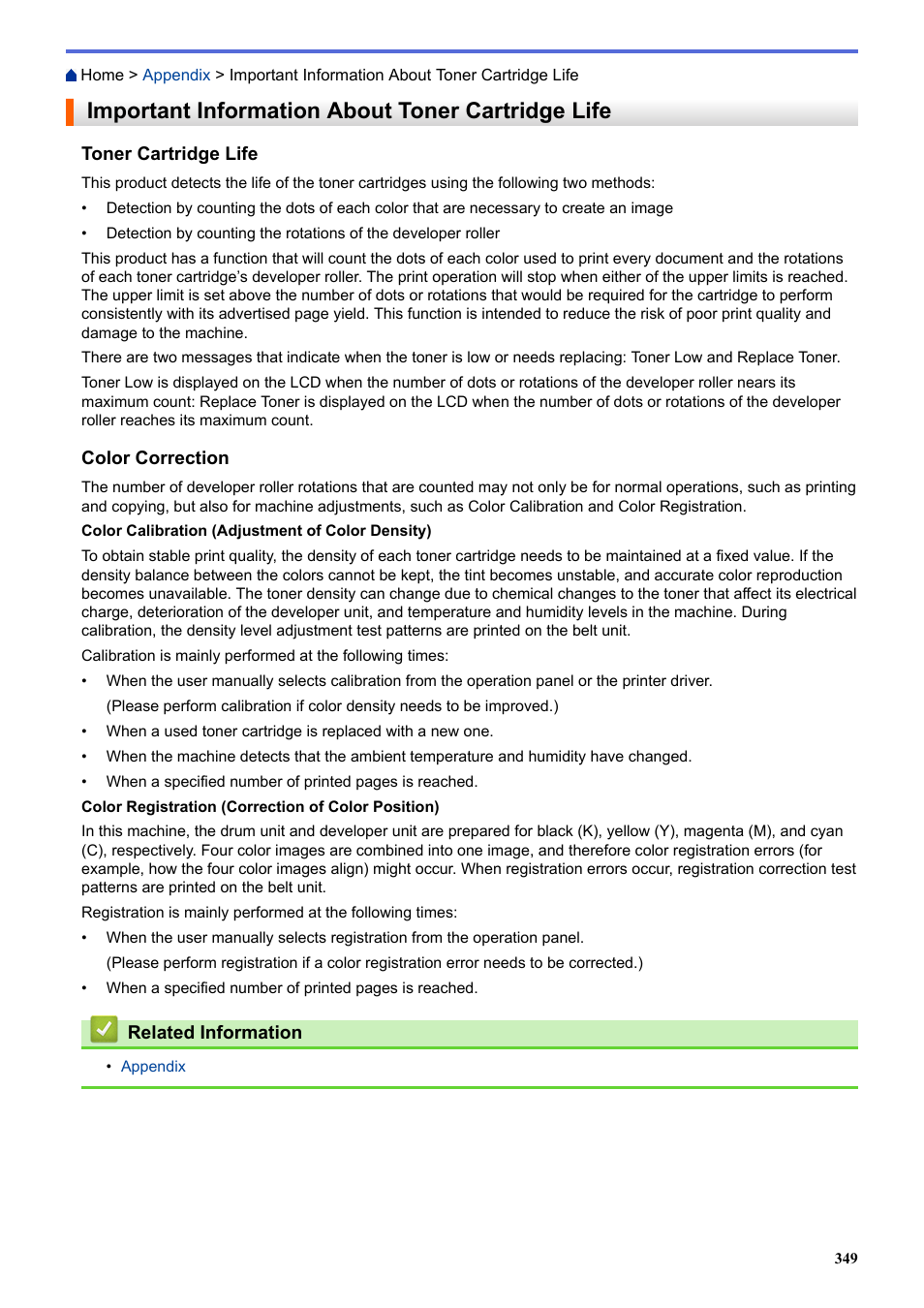 Important information about toner cartridge life | Brother HL-L3230CDW Wireless Compact Printer User Manual | Page 354 / 357