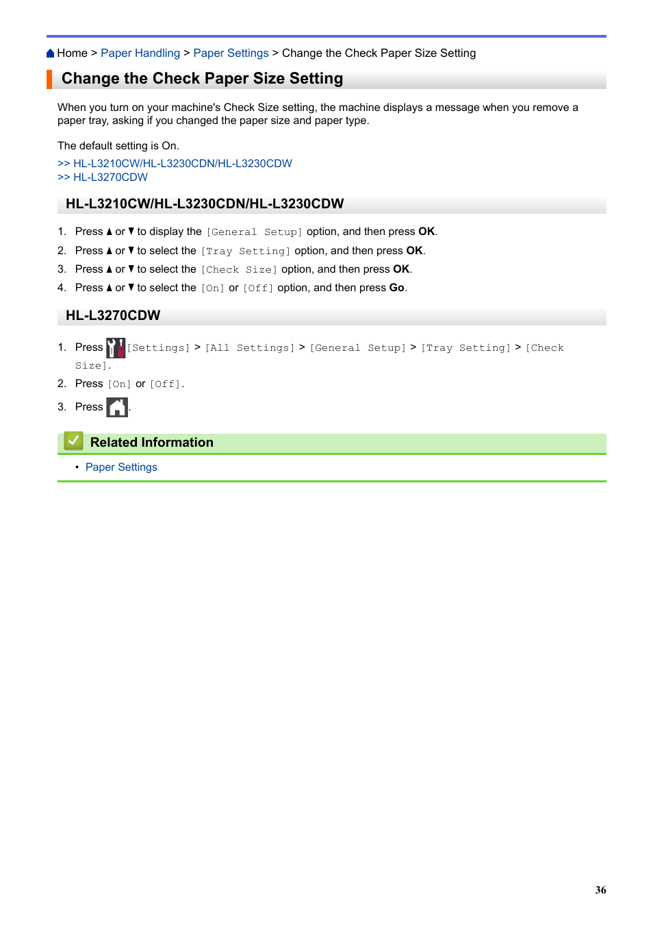 Change the check paper size setting, Hl-l3270cdw | Brother HL-L3230CDW Wireless Compact Printer User Manual | Page 41 / 357