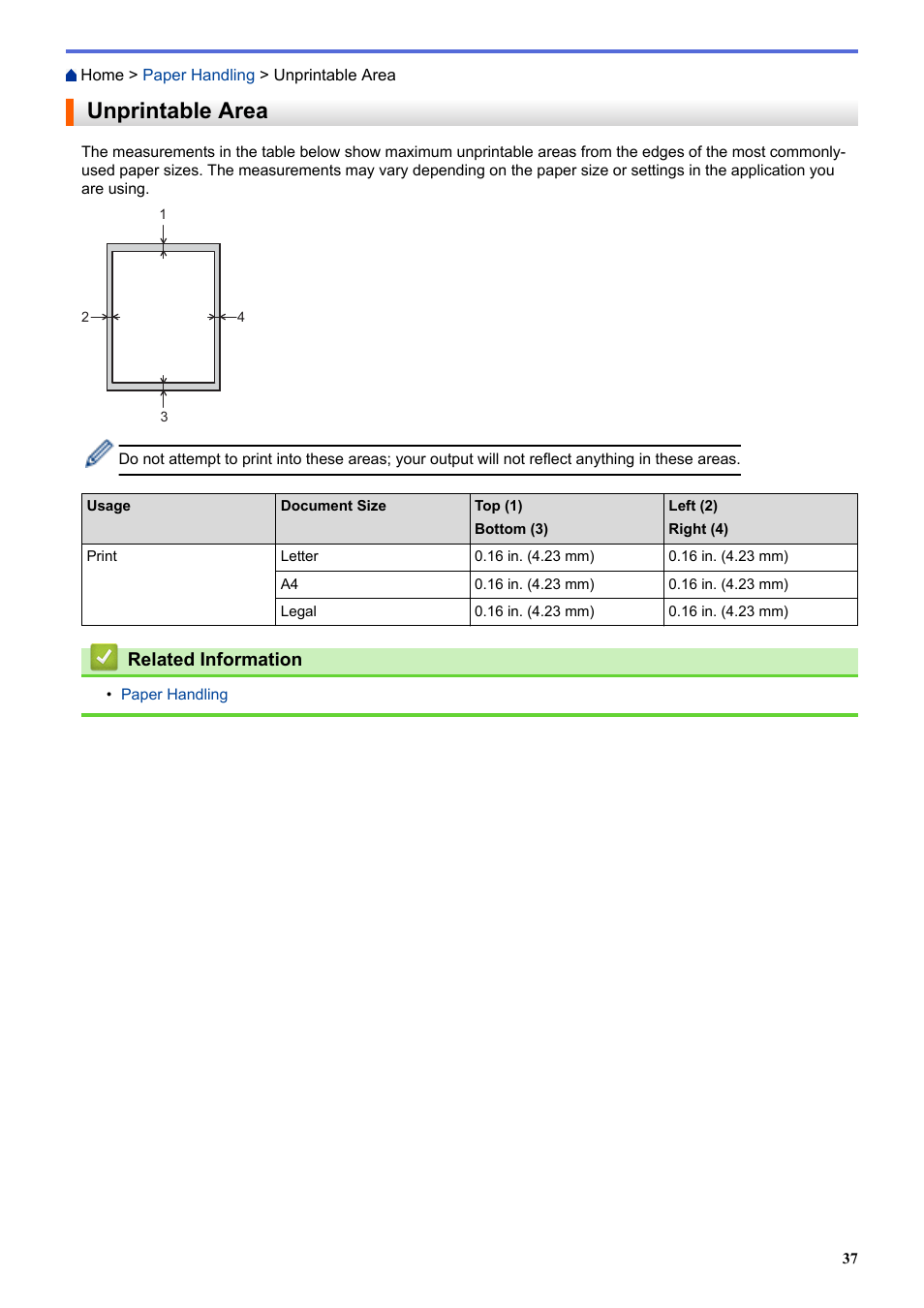 Unprintable area | Brother HL-L3230CDW Wireless Compact Printer User Manual | Page 42 / 357