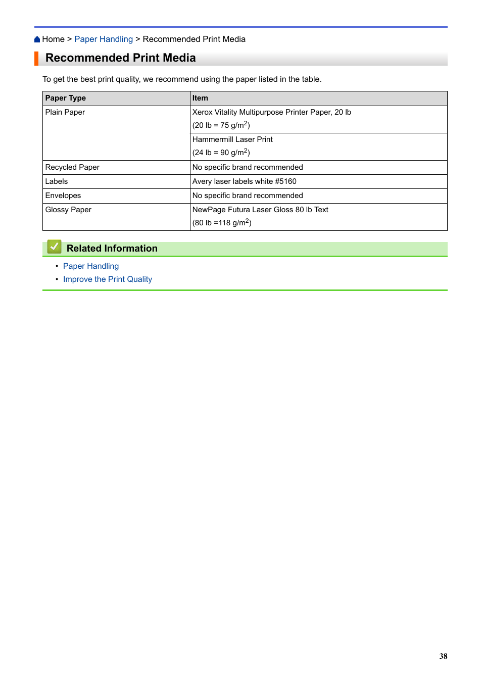 Recommended print media, Related information | Brother HL-L3230CDW Wireless Compact Printer User Manual | Page 43 / 357