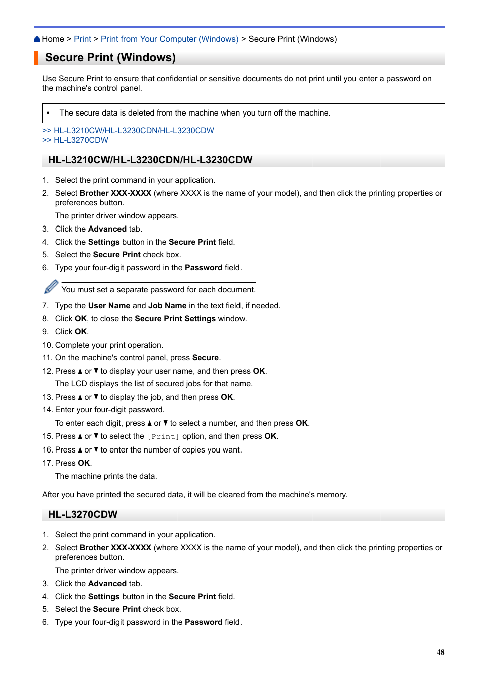 Secure print (windows), Hl-l3270cdw | Brother HL-L3230CDW Wireless Compact Printer User Manual | Page 53 / 357
