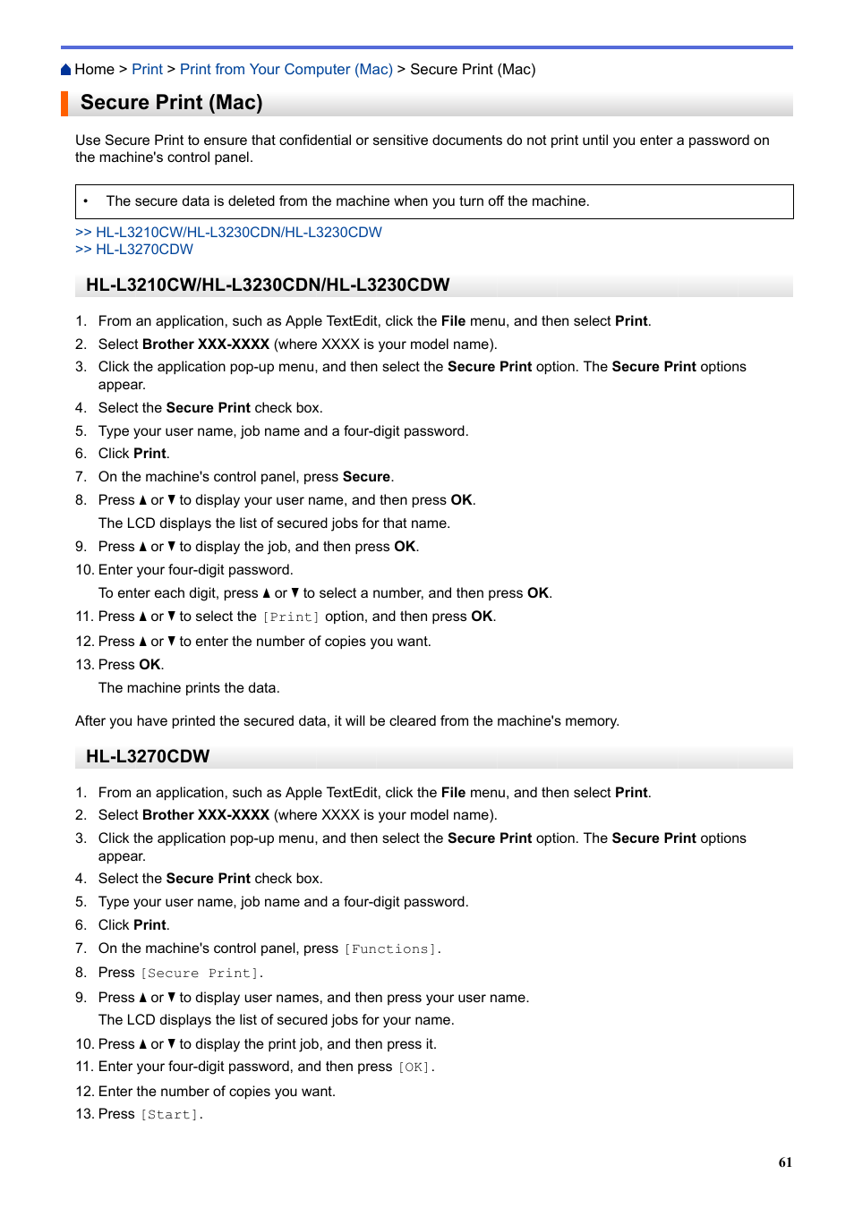 Secure print (mac), Hl-l3270cdw | Brother HL-L3230CDW Wireless Compact Printer User Manual | Page 66 / 357