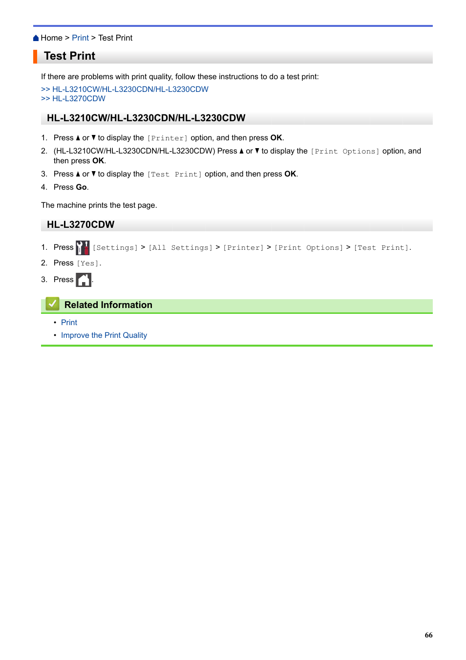 Test print, Hl-l3270cdw | Brother HL-L3230CDW Wireless Compact Printer User Manual | Page 71 / 357