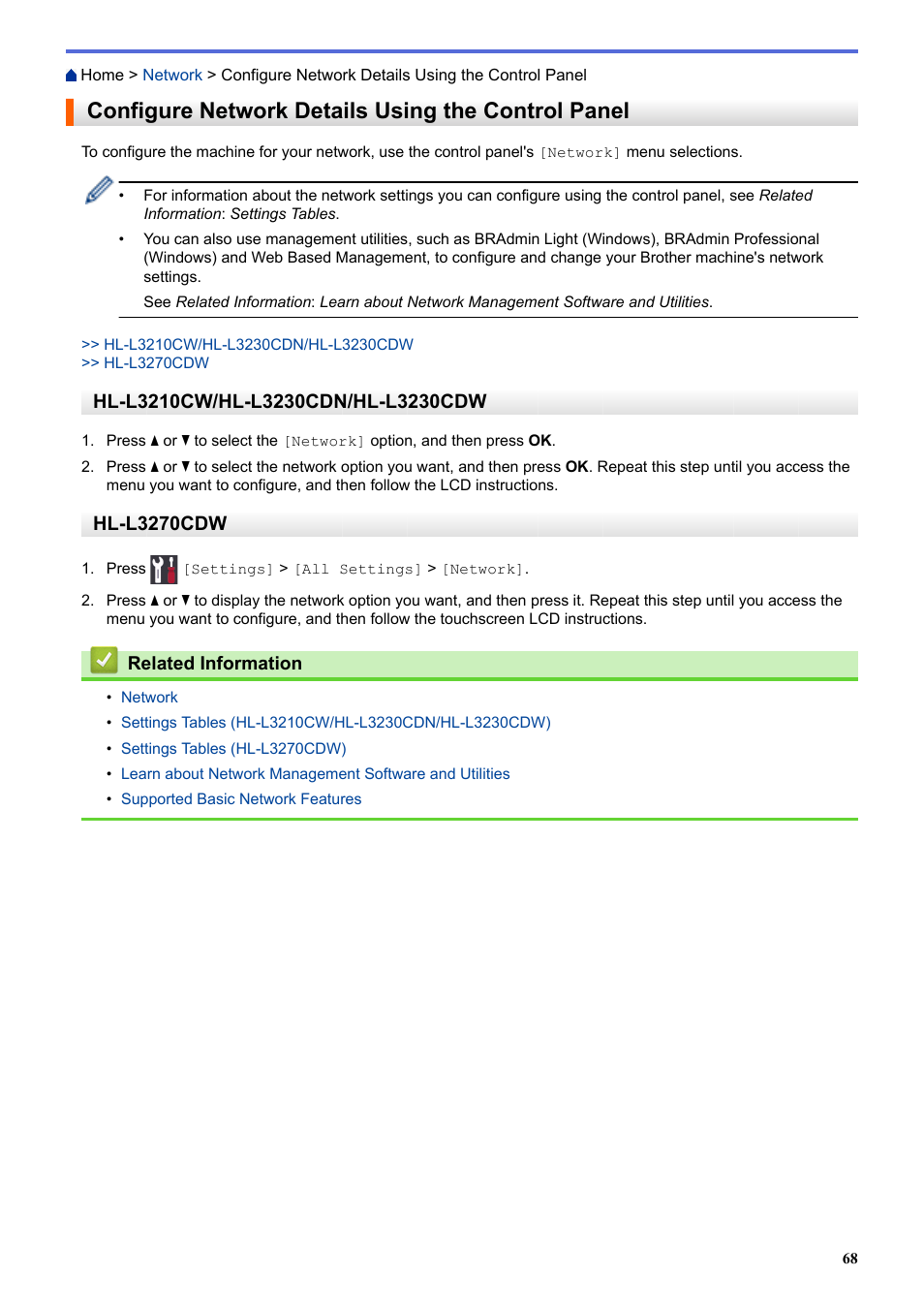 Configure network details using the control panel, Hl-l3270cdw | Brother HL-L3230CDW Wireless Compact Printer User Manual | Page 73 / 357