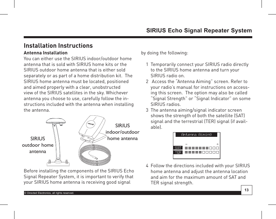 Package contents, Desktop docking station, Installation instructions | Sirius echo signal repeater system | Directed Electronics SIR-WRS1 User Manual | Page 13 / 24