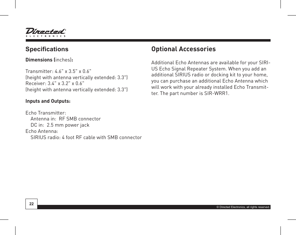 Optional accessories, Specifications | Directed Electronics SIR-WRS1 User Manual | Page 22 / 24