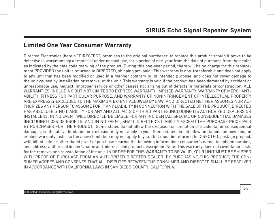 Desktop docking station, Limited one year consumer warranty, Sirius echo signal repeater system | Directed Electronics SIR-WRS1 User Manual | Page 23 / 24