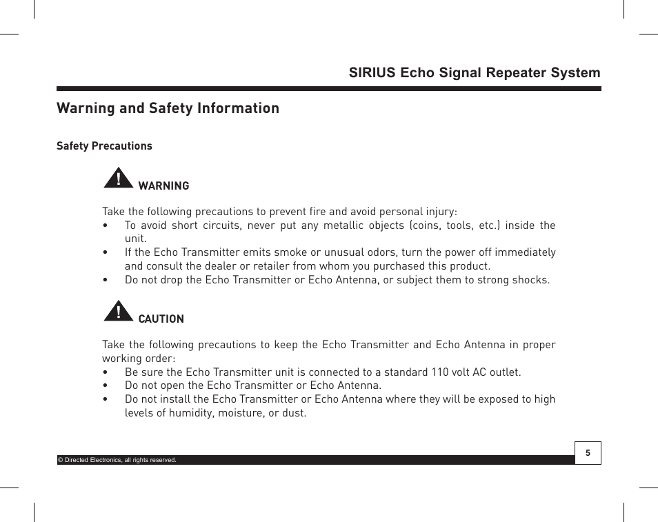 Desktop docking station, Warning and safety information, Sirius echo signal repeater system | Directed Electronics SIR-WRS1 User Manual | Page 5 / 24