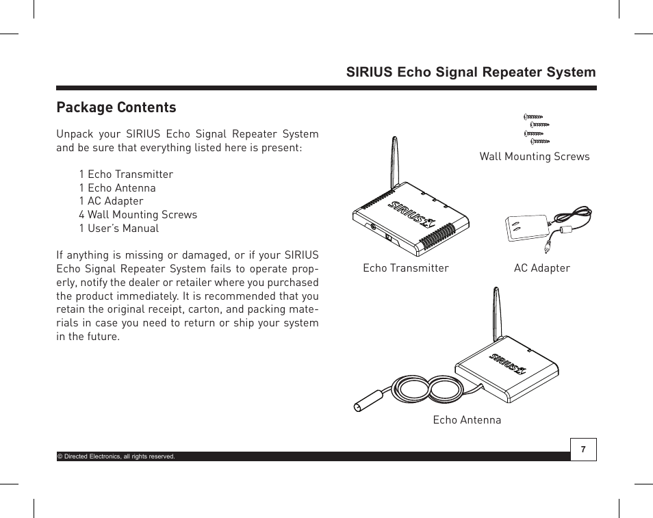 Desktop docking station, Package contents, Sirius echo signal repeater system | Directed Electronics SIR-WRS1 User Manual | Page 7 / 24