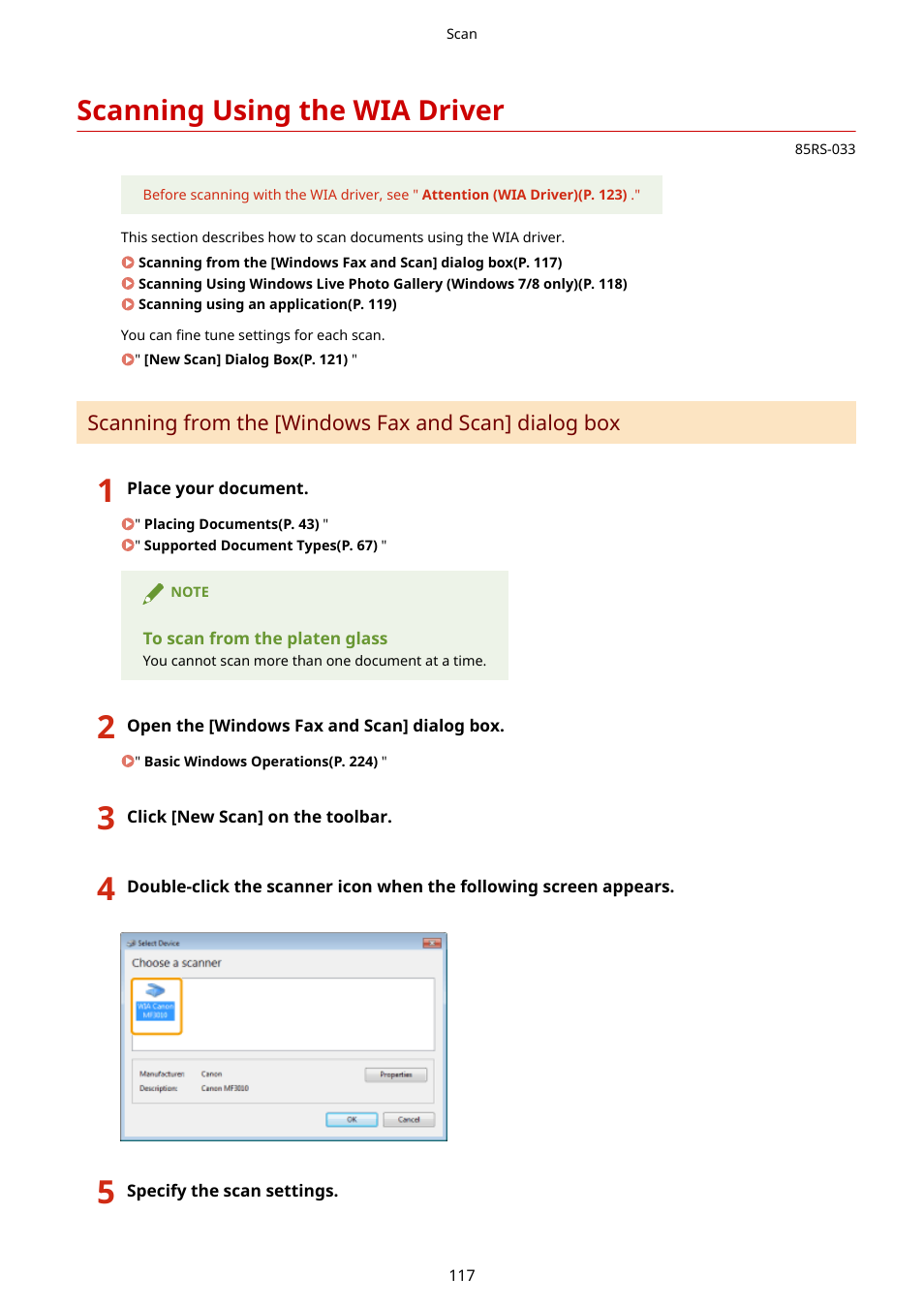 Scanning using the wia driver, See " scanning using the wia driver(p. 117), Scanning using the wia driver(p. 117) | Canon imageCLASS MF3010 VP Multifunction Monochrome Laser Printer User Manual | Page 122 / 247