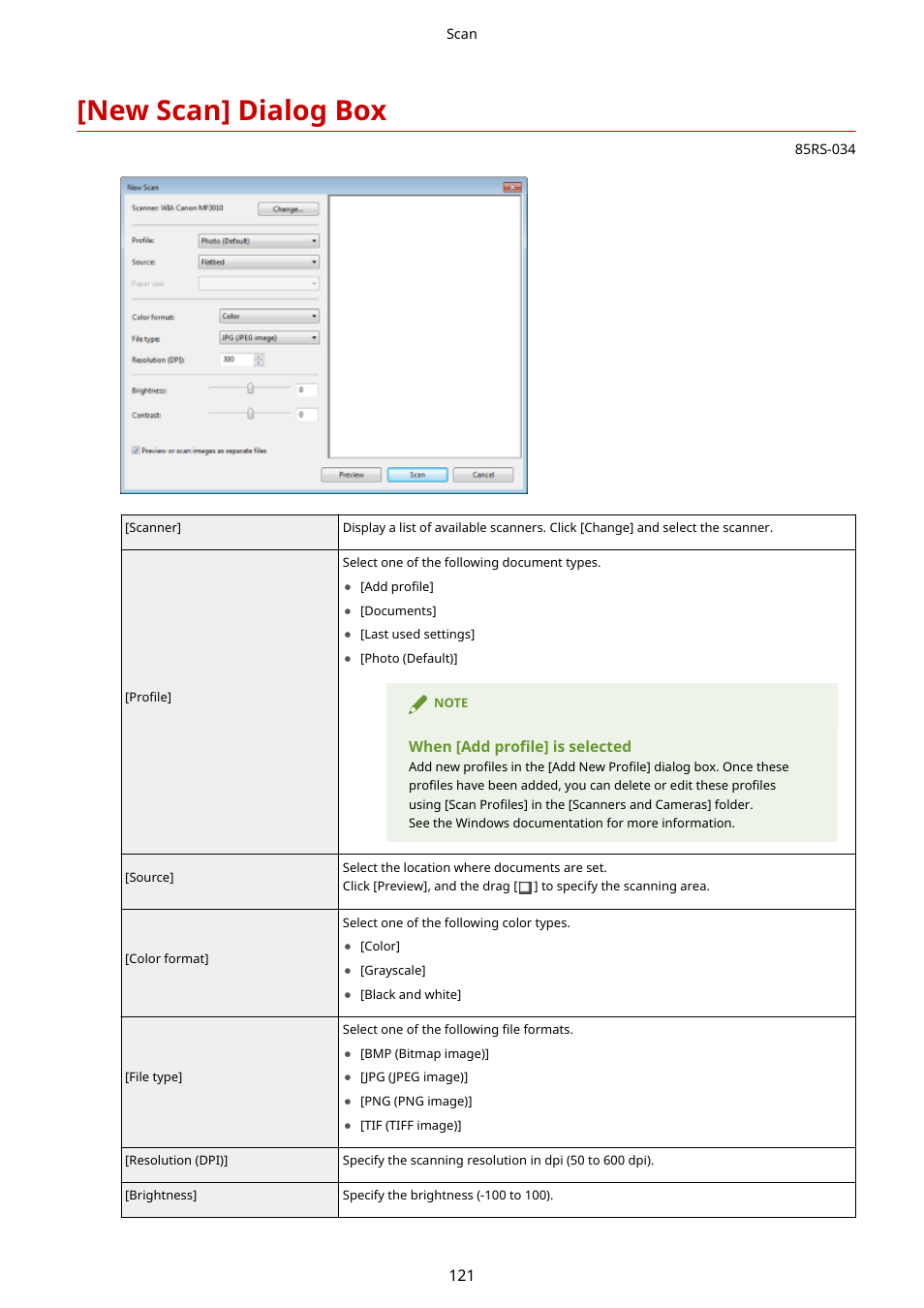 New scan] dialog box, New scan] dialog box(p. 121), New scan] dialog box(p. 121) " for mor | See " [new scan] dialog box(p. 121) " for mor | Canon imageCLASS MF3010 VP Multifunction Monochrome Laser Printer User Manual | Page 126 / 247