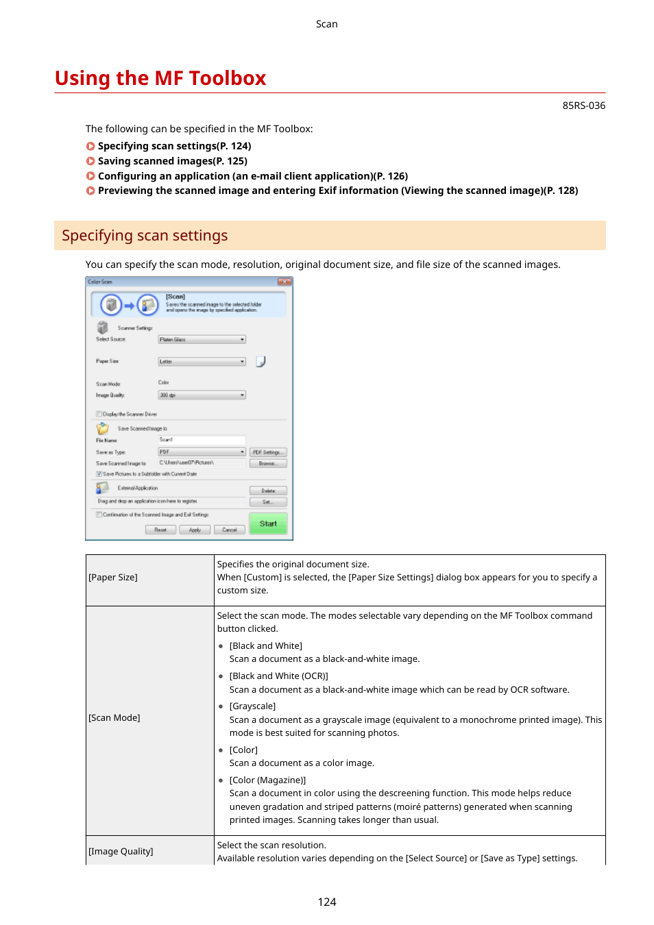 Using the mf toolbox, See " using the mf toolbox(p. 124), Specifying scan settings | Canon imageCLASS MF3010 VP Multifunction Monochrome Laser Printer User Manual | Page 129 / 247