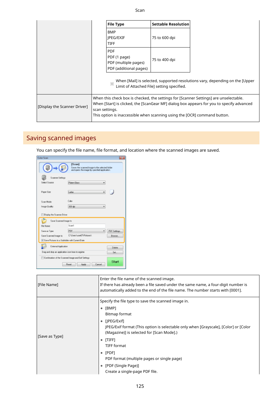 Saving scanned images(p. 125), Saving scanned images | Canon imageCLASS MF3010 VP Multifunction Monochrome Laser Printer User Manual | Page 130 / 247