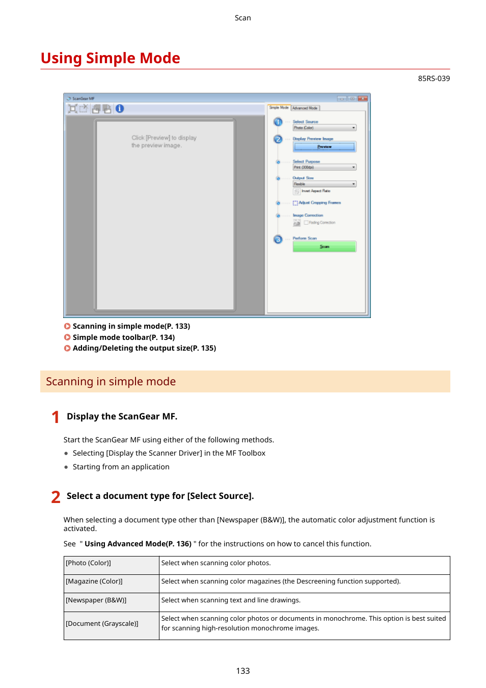 Using simple mode, Using simple mode(p. 133), Scanning in simple mode | Canon imageCLASS MF3010 VP Multifunction Monochrome Laser Printer User Manual | Page 138 / 247