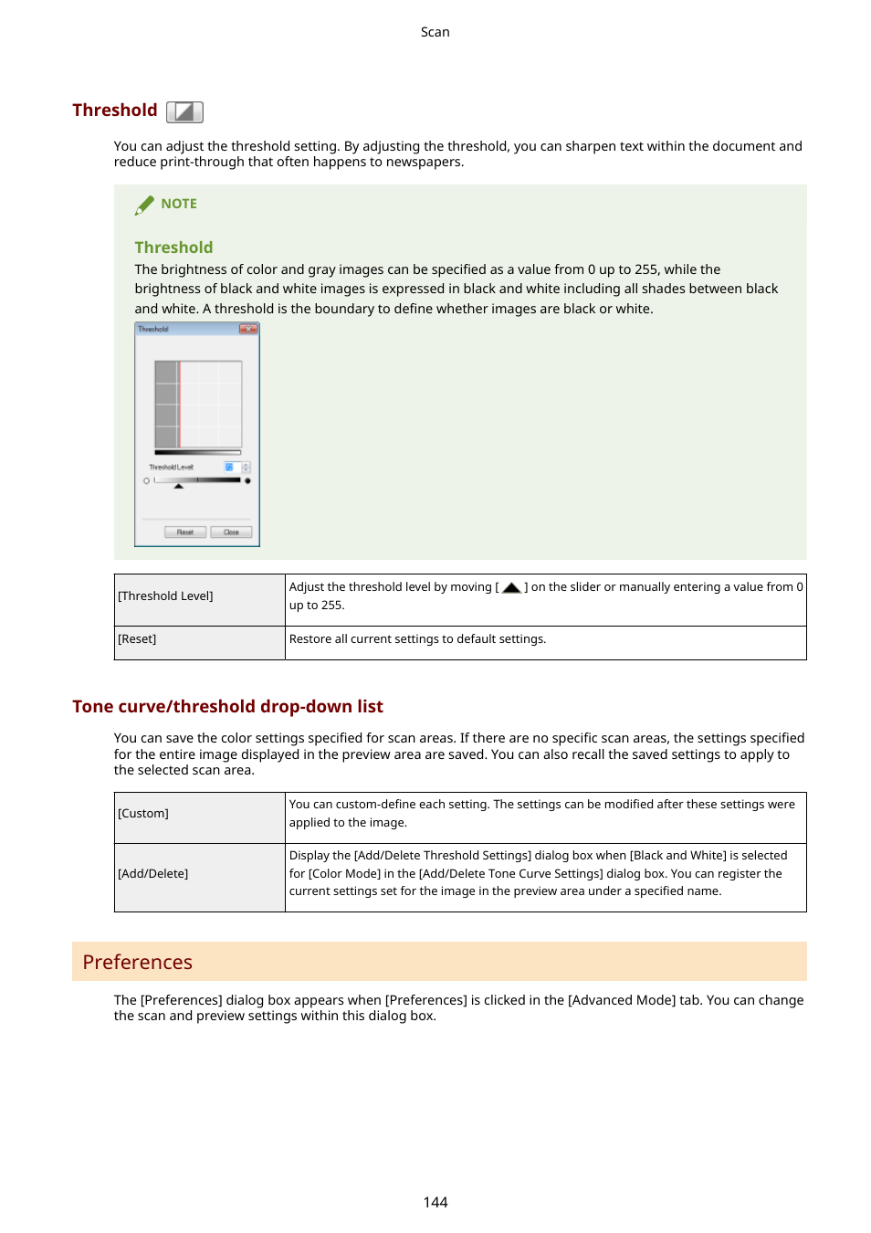 Preferences(p. 144), Preferences, Threshold | Tone curve/threshold drop-down list | Canon imageCLASS MF3010 VP Multifunction Monochrome Laser Printer User Manual | Page 149 / 247